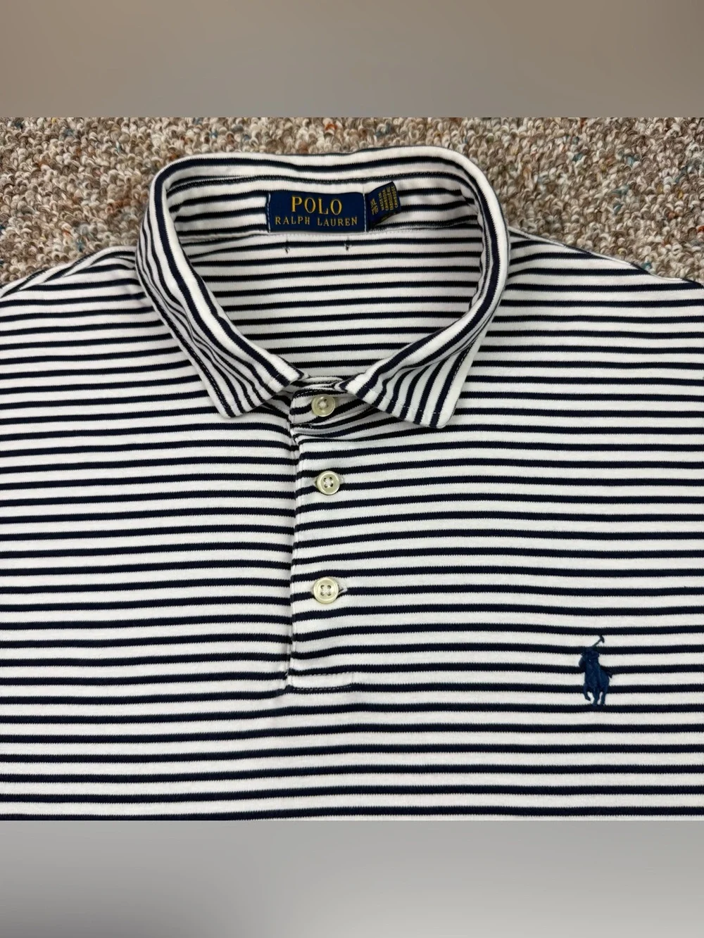 Polo Ralph Lauren Men’s White and Black Striped Pony Logo Collared Shirt 2XL